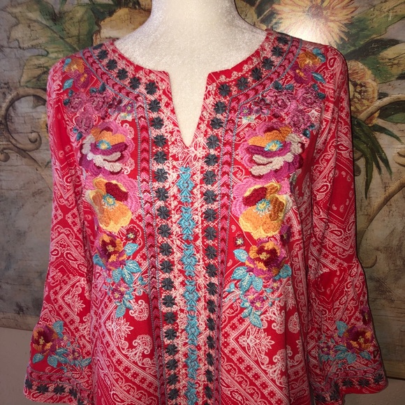 Savanna Jane Pink Bandanna  Print Mexican Embroidered Tunic  Top, Size Small - Picture 2 of 13